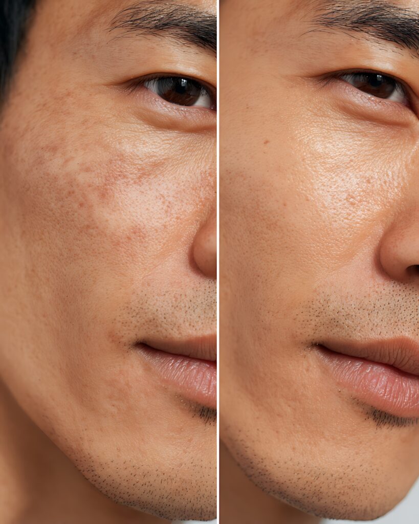 side-by-side before and after image of a man’s cheek showing reduced acne scars and smoother, clearer skin
