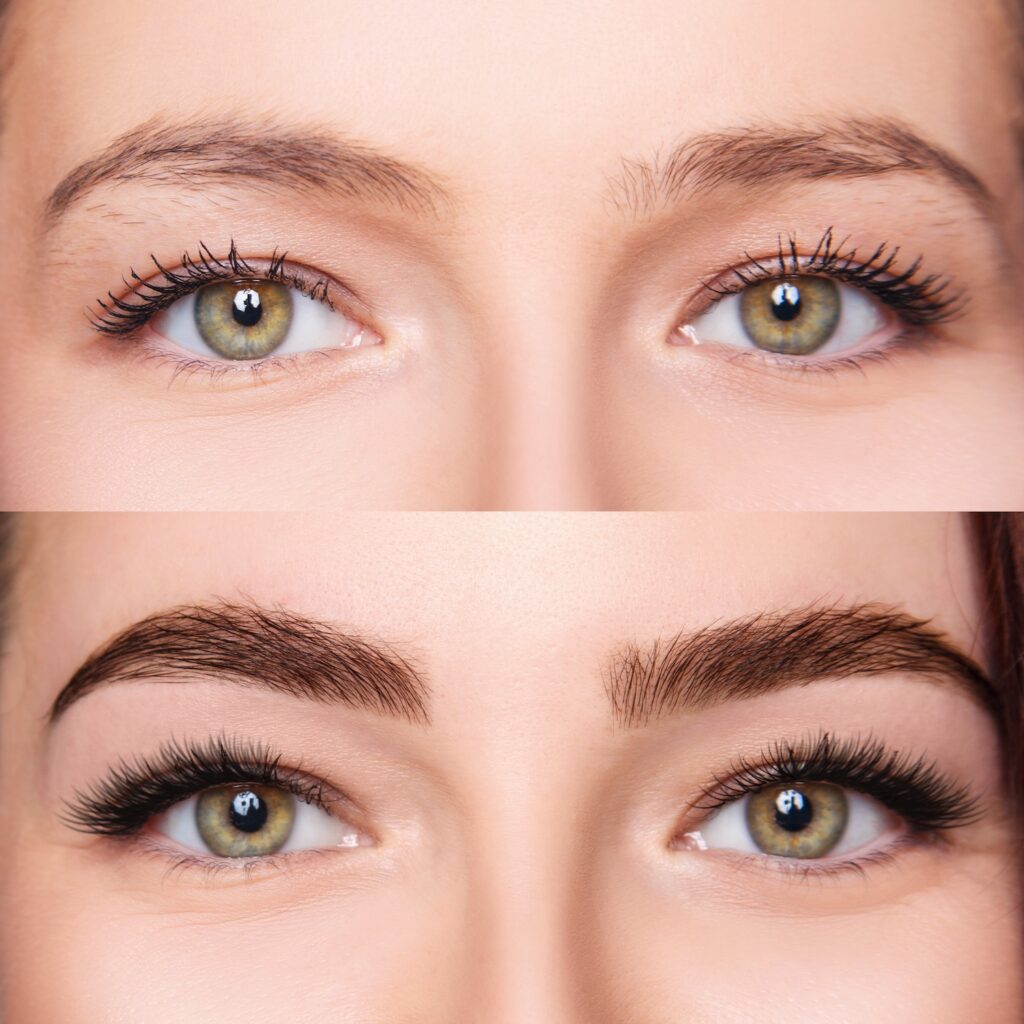 side-by-side close-up of eyes showing lighter brows and lashes on top and darker, fuller brows and lashes below