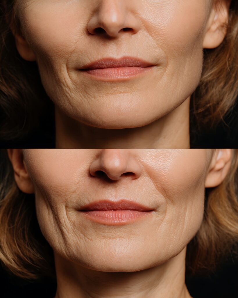 Two close-up views of a woman's lower face showing the area around her mouth and chin.