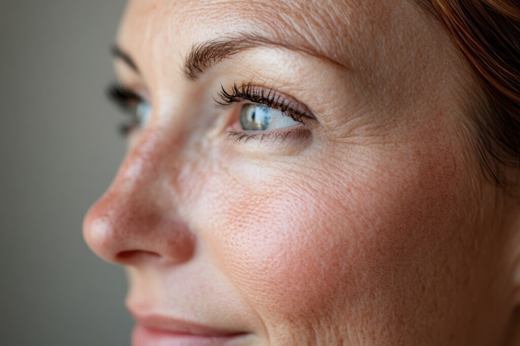 side profile close-up of a person’s eye, cheek, and nose showing visible pores and natural skin texture