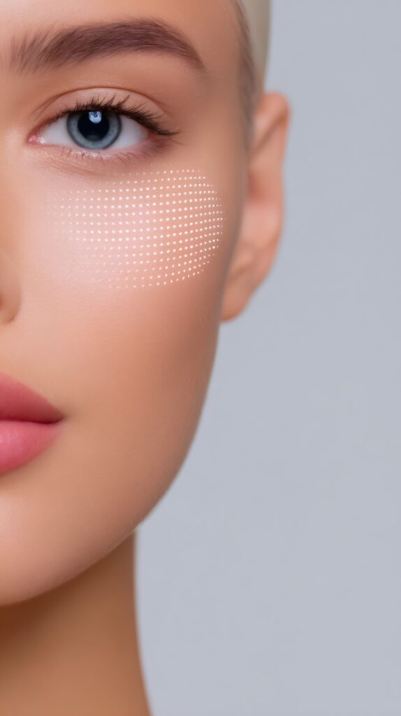 close-up of a person’s eye and cheek with a dotted digital pattern over the cheek area