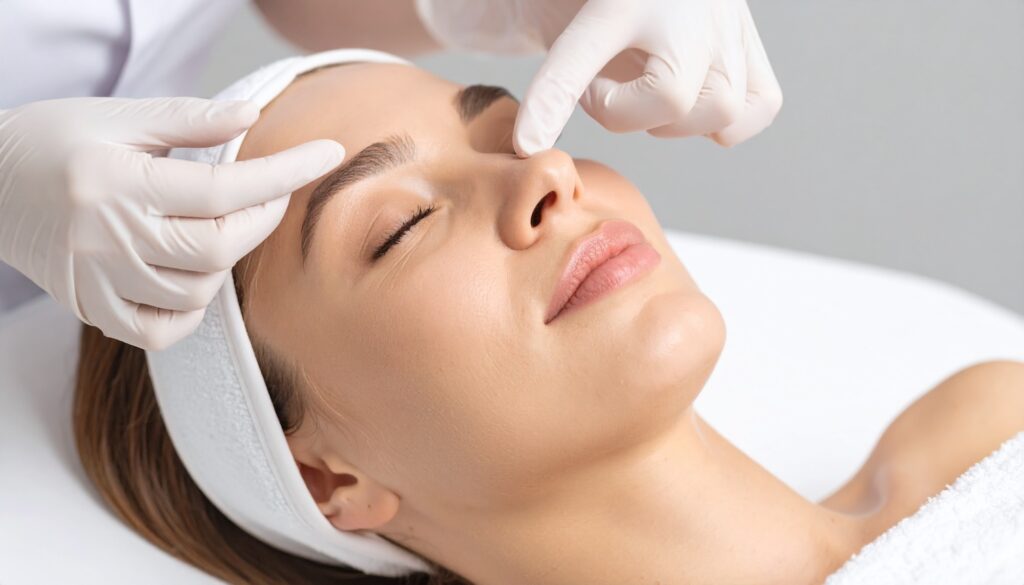 gloved hands gently examine a person’s forehead and nose while the person lies on a treatment bed with eyes closed