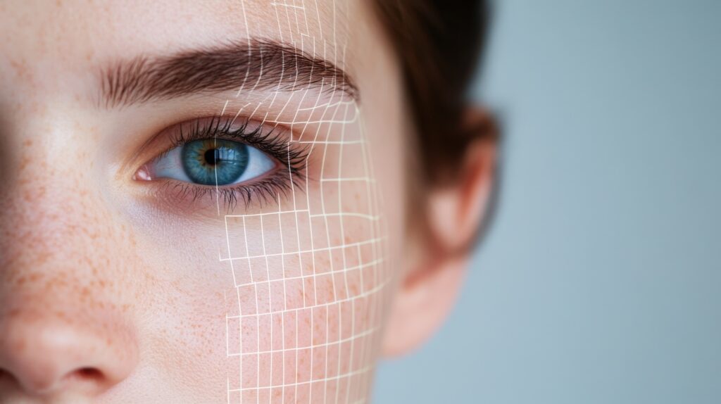 close-up of a person’s eye and cheek with a white grid overlay mapped across the skin