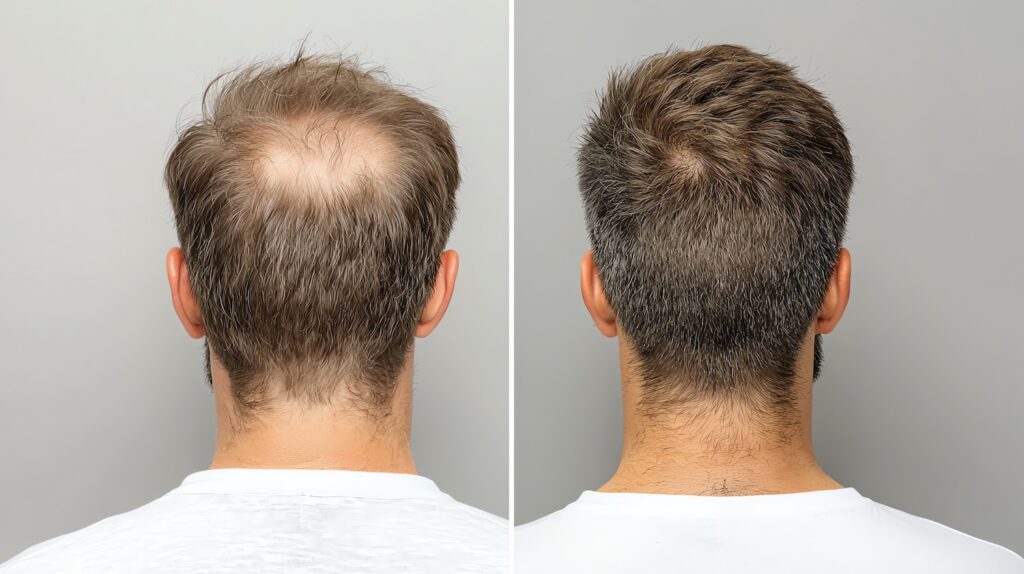 side-by-side view of the back of a head showing a thinning crown on the left and denser hair coverage on the right