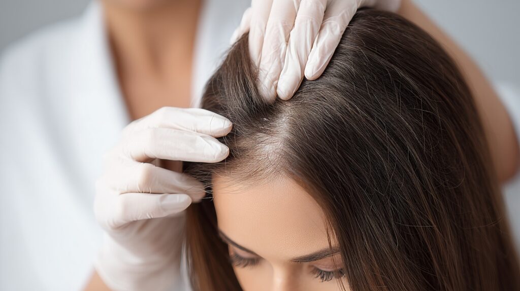 gloved hands parting a woman's hair to examine her scalp