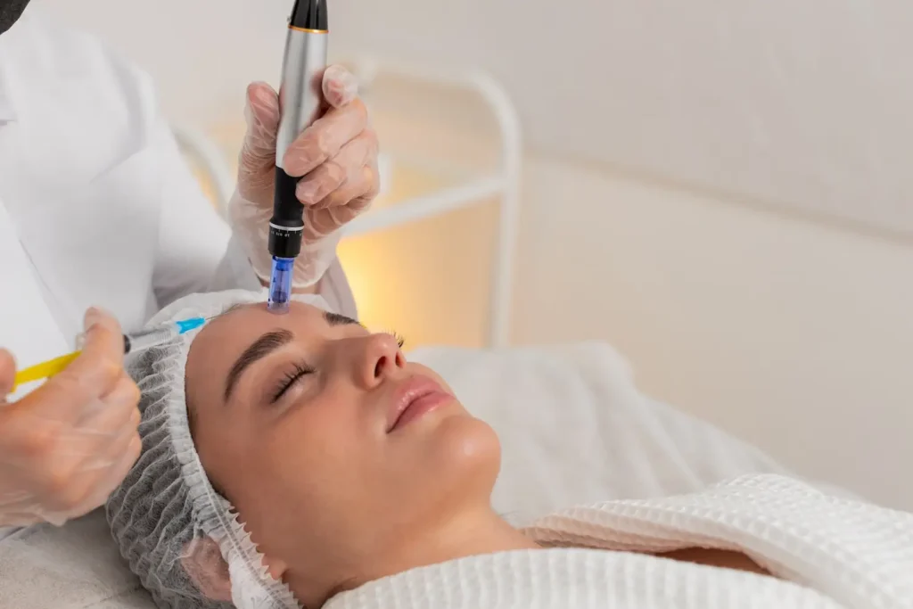 Person lying on a treatment bed with eyes closed while gloved hands use a microneedling device and a syringe near the forehead
