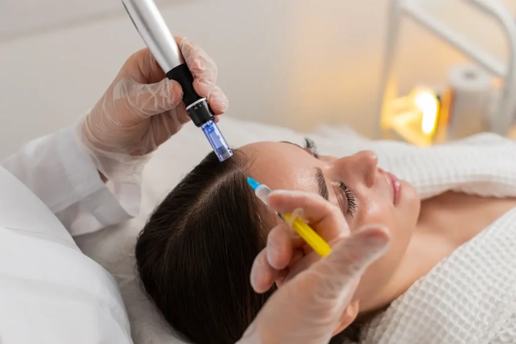 Person lying down while gloved hands use a microneedling device and a syringe at the hairline