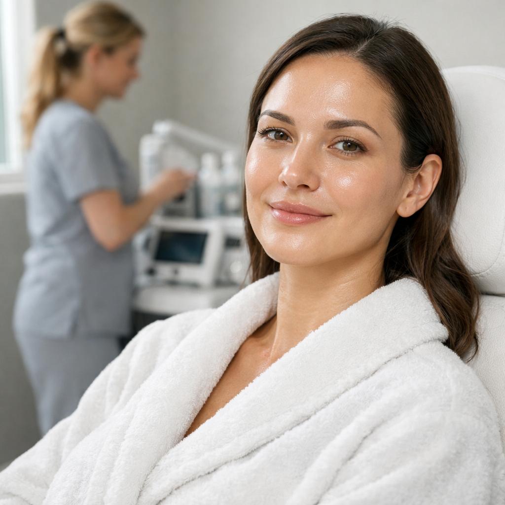 Woman in robe sitting in med spa treatment room with clinician in background
