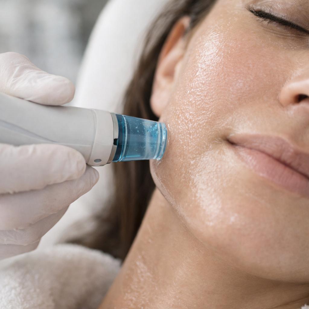 Close-up of facial treatment device applied to cheek with gel