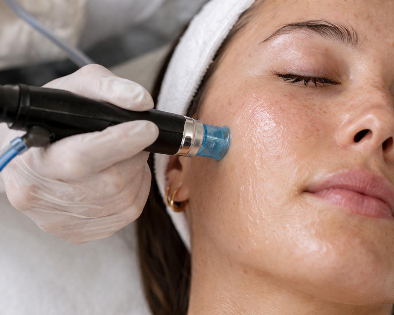 Close-up of hydrafacial device applied to cheek with serum