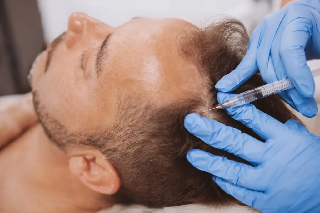 Gloved hands inject liquid into a thinning scalp near the hairline of a reclining man