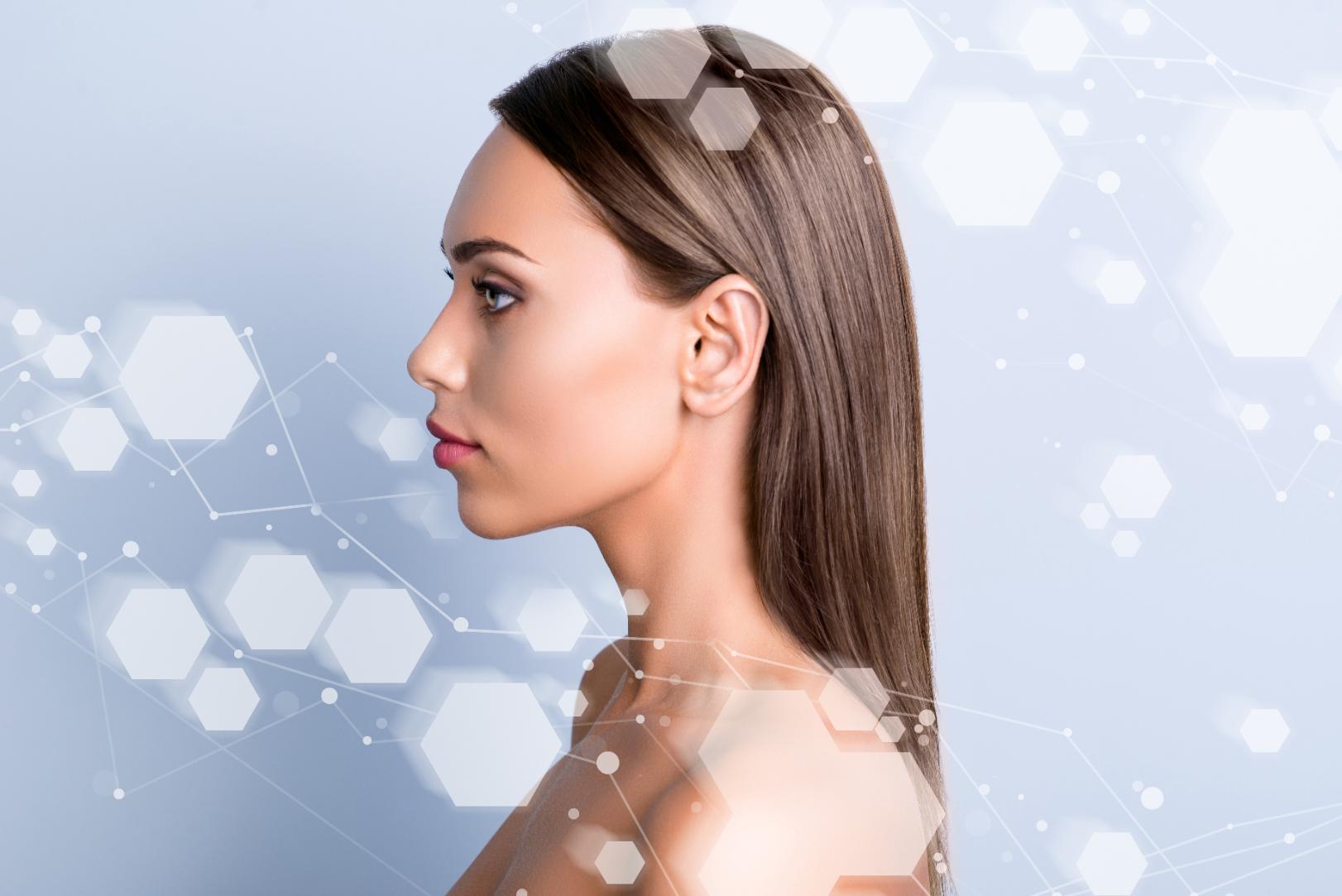 Side profile of a woman surrounded by translucent hexagons and connected geometric lines.